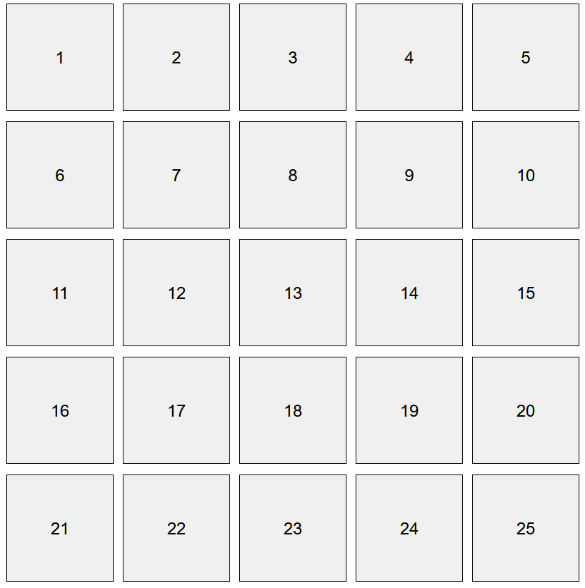 25 nummerierte graue Felder auf weißem Hintergrund, die als Raster angelegt sind.